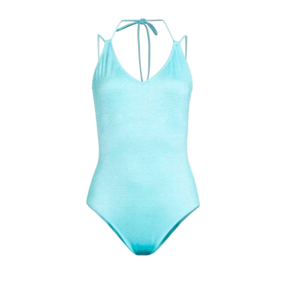 No Boundaries Turquoise Blue Lurex Knit One Piece Swimsuit - Picture 3 of 9